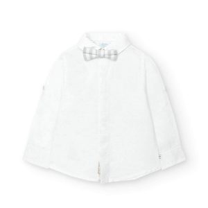 Παιδικό πουκάμισο λινό Boboli με αποσπώμενο παπιγιόν 718017 λευκό για αγόρια που θέλουν ωραίο καλοκαιρινό ντύσιμο
