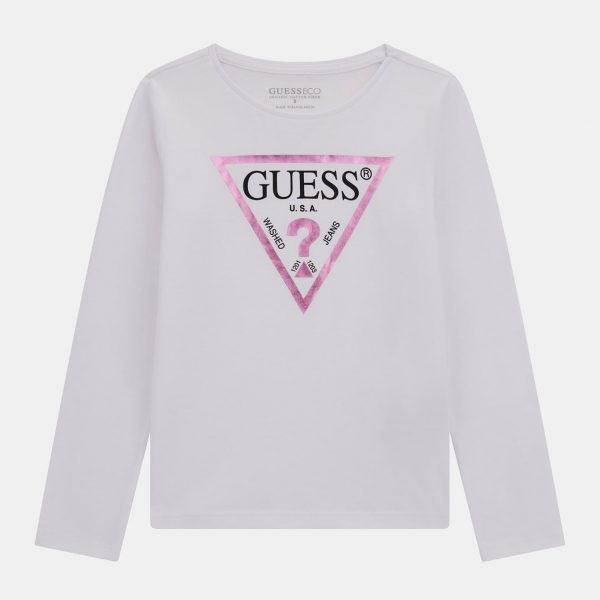 Παιδική μπλούζα μακό Guess J84I36K8HM0 με μεταλιζέ τύπωμα για κορίτσια που θέλουν ωραίο επώνυμο καθημερινό ντύσιμο