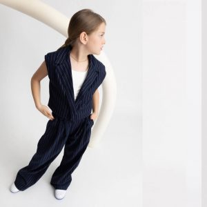 Παιδικό σετ ριγέ Alice Fashion γιλέκο crop & παντελόνι μπλε για κορίτσια