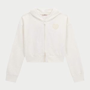 Παιδική ζακέτα φούτερ Guess με κέντημα & κουκούλα Midi Κρεμ J5YQ07KAD74 για κορίτσια για εντυπωσιακό αθλητικό επώνυμο ντύσιμο