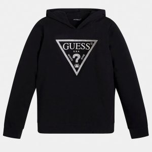 Παιδική μπλούζα φούτερ Guess μεταλιζέ λογότυπο & κουκούλα Μαύρο J83Q14KAUG0 για κορίτσια που τους αρέσει το επώνυμο, ζεστό αθλητικό ντύσιμο