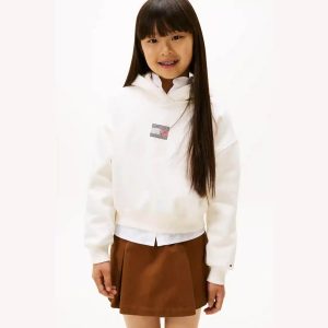 Παιδική μπλούζα φούτερ Tommy Hilfiger με κουκούλα KG0KG09016 Off white για κορίτσια που θέλουν επώνυμο και στυλάτο αθλητικό καθημερινό ντύσιμο τον χειμώνα