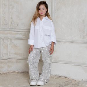 Παιδική παντελόνα cargo με παγιέτα Alice Ασημί W25-A16021 για κορίτσια που θέλουν στυλάτες και glamour εμφανίσεις όλο τον χρόνο