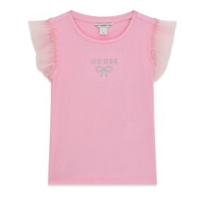 Μπλούζα rib Guess με τούλι K6RI12KCU20 Ροζ